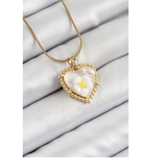 316L Çelik Zincir Beyaz Sanatsal Portre İnci Detaylı Papatya Figürlü Kalp Model Gold Renk Kadın Kolye - TJ-BKO10270