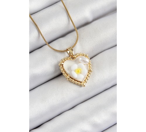 316L Çelik Zincir Beyaz Sanatsal Portre İnci Detaylı Papatya Figürlü Kalp Model Gold Renk Kadın Kolye - TJ-BKO10270