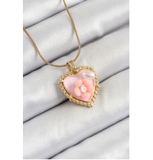 316L Çelik Zincir Pembe Sanatsal Portre İnci Detaylı Papatya Figürlü Kalp Model Gold Renk Kadın Kolye - TJ-BKO10271