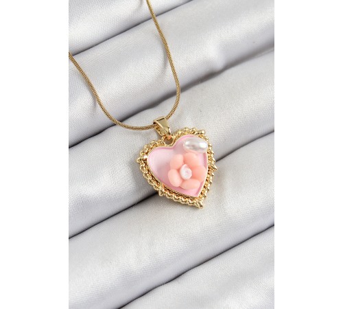 316L Çelik Zincir Pembe Sanatsal Portre İnci Detaylı Papatya Figürlü Kalp Model Gold Renk Kadın Kolye - TJ-BKO10271