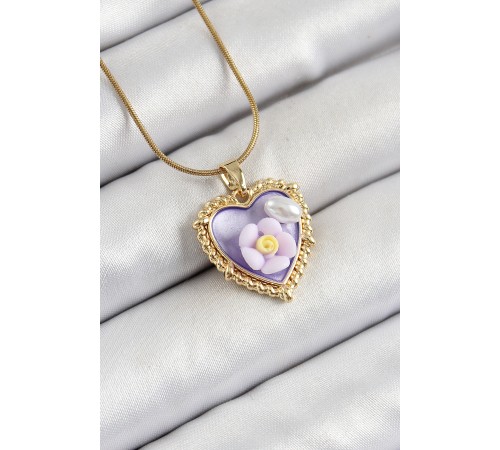 316L Çelik Zincir Mor Sanatsal Portre İnci Detaylı Papatya Figürlü Kalp Model Gold Renk Kadın Kolye - TJ-BKO10272