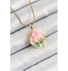 316L Çelik Zincir Zirkon Taşlı Pembe Sanatsal Portre Gül Figürlü Beşgen Model Gold Renk Kadın Kolye - TJ-BKO10273