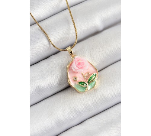 316L Çelik Zincir Zirkon Taşlı Pembe Sanatsal Portre Gül Figürlü Beşgen Model Gold Renk Kadın Kolye - TJ-BKO10273