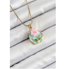 316L Çelik Zincir Zirkon Taşlı Pembe ve Yeşil Sanatsal Portre Gül Figürlü Beşgen Model Gold Renk Kadın Kolye - TJ-BKO10274