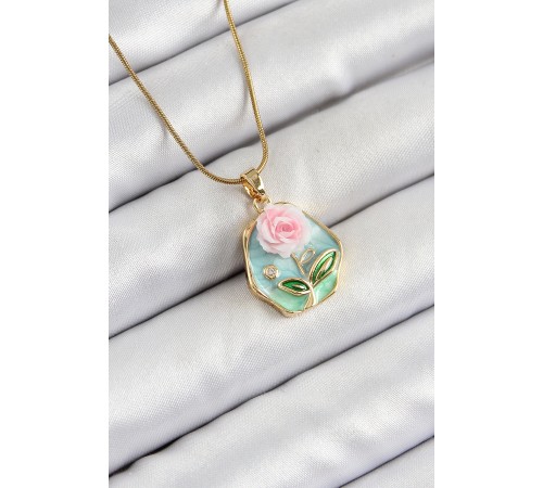 316L Çelik Zincir Zirkon Taşlı Pembe ve Yeşil Sanatsal Portre Gül Figürlü Beşgen Model Gold Renk Kadın Kolye - TJ-BKO10274