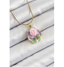 316L Çelik Zincir Zirkon Taşlı Pembe Ve Mor Sanatsal Portre Gül Figürlü Beşgen Model Gold Renk Kadın Kolye - TJ-BKO10275