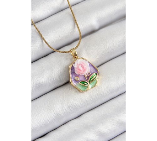 316L Çelik Zincir Zirkon Taşlı Pembe Ve Mor Sanatsal Portre Gül Figürlü Beşgen Model Gold Renk Kadın Kolye - TJ-BKO10275