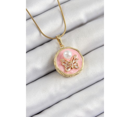 316L Çelik Zincir Zirkon Taşlı Pembe Sanatsal Portre İnci Detaylı Model Gold Renk Kadın Kolye - TJ-BKO10276