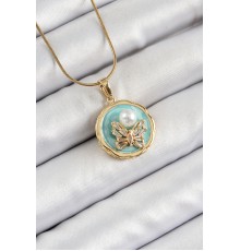 316L Çelik Zincir Zirkon Taşlı Turkuaz Sanatsal Portre İnci Detaylı Model Gold Renk Kadın Kolye - TJ-BKO10277