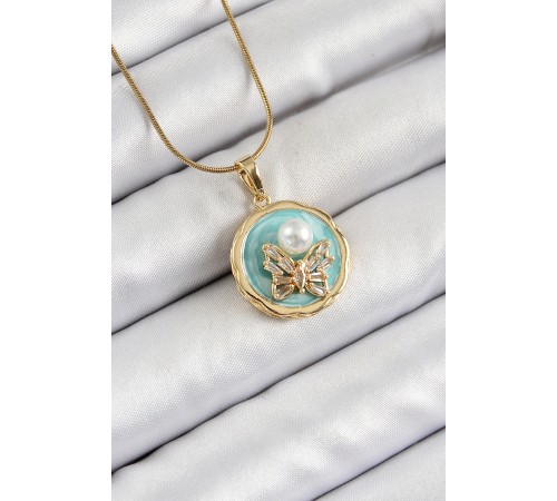 316L Çelik Zincir Zirkon Taşlı Turkuaz Sanatsal Portre İnci Detaylı Model Gold Renk Kadın Kolye - TJ-BKO10277