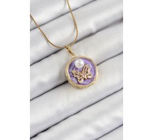 316L Çelik Zincir Zirkon Taşlı Mor Sanatsal Portre İnci Detaylı Model Gold Renk Kadın Kolye - TJ-BKO10278