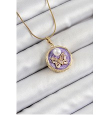 316L Çelik Zincir Zirkon Taşlı Mor Sanatsal Portre İnci Detaylı Model Gold Renk Kadın Kolye - TJ-BKO10278