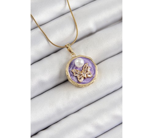 316L Çelik Zincir Zirkon Taşlı Mor Sanatsal Portre İnci Detaylı Model Gold Renk Kadın Kolye - TJ-BKO10278