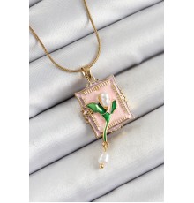 316L Çelik Zincir Pembe Sanatsal Portre Sallantılı İnci Detaylı Lale Model Gold Renk Kadın Kolye - TJ-BKO10279