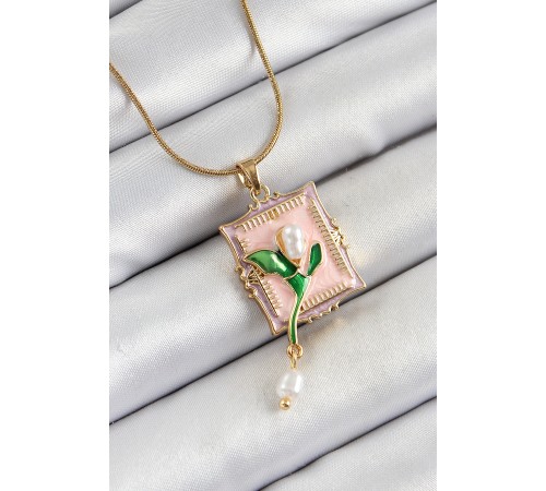 316L Çelik Zincir Pembe Sanatsal Portre Sallantılı İnci Detaylı Lale Model Gold Renk Kadın Kolye - TJ-BKO10279