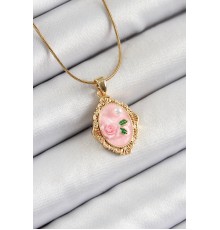 316L Çelik Zincir Pembe Sanatsal Portre İnci Detaylı Gül Figürlü Model Gold Renk Kadın Kolye - TJ-BKO10281