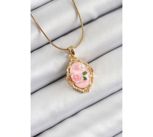 316L Çelik Zincir Pembe Sanatsal Portre İnci Detaylı Gül Figürlü Model Gold Renk Kadın Kolye - TJ-BKO10281