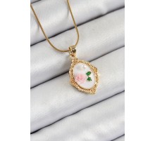 316L Çelik Zincir Beyaz Sanatsal Portre İnci Detaylı Gül Figürlü Model Gold Renk Kadın Kolye - TJ-BKO10282