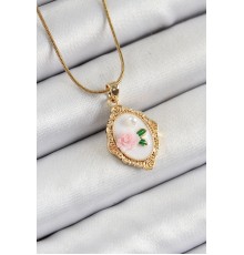 316L Çelik Zincir Beyaz Sanatsal Portre İnci Detaylı Gül Figürlü Model Gold Renk Kadın Kolye - TJ-BKO10282