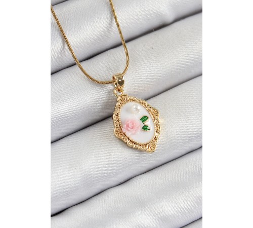316L Çelik Zincir Beyaz Sanatsal Portre İnci Detaylı Gül Figürlü Model Gold Renk Kadın Kolye - TJ-BKO10282