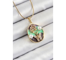 316L Çelik Zincir Zirkon Taşlı Yeşil Mor Sanatsal Portre İnci Detaylı Ağaç Ve Figürlü Model Gold Renk Kadın Kolye - TJ-BKO10283