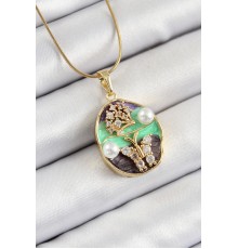 316L Çelik Zincir Zirkon Taşlı Yeşil Mor Sanatsal Portre İnci Detaylı Ağaç Ve Figürlü Model Gold Renk Kadın Kolye - TJ-BKO10283