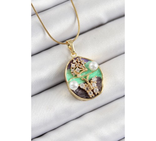 316L Çelik Zincir Zirkon Taşlı Yeşil Mor Sanatsal Portre İnci Detaylı Ağaç Ve Figürlü Model Gold Renk Kadın Kolye - TJ-BKO10283