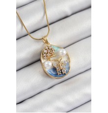 316L Çelik Zincir Zirkon Taşlı Mavi Beyaz Sanatsal Portre İnci Detaylı Ağaç Ve Figürlü Model Gold Renk Kadın Kolye - TJ-BKO10284