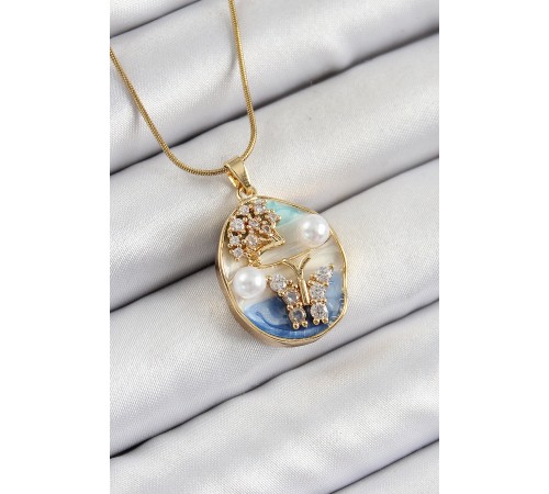 316L Çelik Zincir Zirkon Taşlı Mavi Beyaz Sanatsal Portre İnci Detaylı Ağaç Ve Figürlü Model Gold Renk Kadın Kolye - TJ-BKO10284
