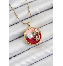 316L Çelik Zincir Zirkon Taşlı Asorti Sanatsal Portre İnci Detaylı Figürlü Model Gold Renk Kadın Kolye - TJ-BKO10285