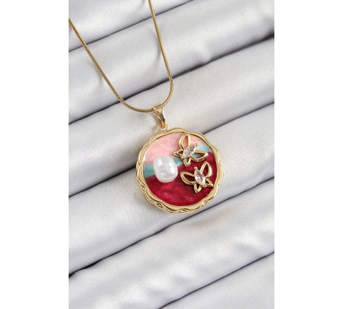 316L Çelik Zincir Zirkon Taşlı Asorti Sanatsal Portre İnci Detaylı Figürlü Model Gold Renk Kadın Kolye - TJ-BKO10285