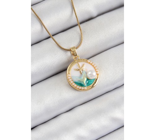 316L Çelik Zincir Beyaz Mineli Sanatsal Portre İnci Detaylı Deniz Yılıdızı Model Gold Renk Kadın Kolye - TJ-BKO10286