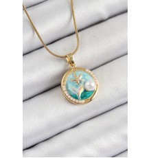 316L Çelik Zincir Turkuaz Mineli Sanatsal Portre İnci Detaylı Deniz Yılıdızı Model Gold Renk Kadın Kolye - TJ-BKO10287