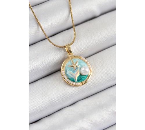316L Çelik Zincir Turkuaz Mineli Sanatsal Portre İnci Detaylı Deniz Yılıdızı Model Gold Renk Kadın Kolye - TJ-BKO10287