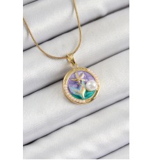 316L Çelik Zincir Mor Mineli Sanatsal Portre İnci Detaylı Deniz Yılıdızı Model Gold Renk Kadın Kolye - TJ-BKO10288