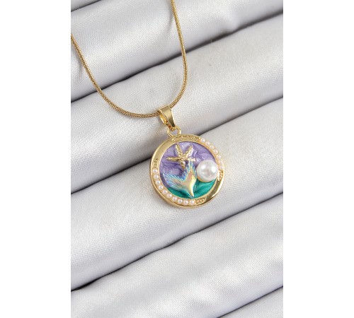 316L Çelik Zincir Mor Mineli Sanatsal Portre İnci Detaylı Deniz Yılıdızı Model Gold Renk Kadın Kolye - TJ-BKO10288