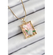 316L Çelik Zincir Pembe Sanatsal Portre İnci Detaylı Gül Figürlü Model Gold Renk Kadın Kolye - TJ-BKO10289