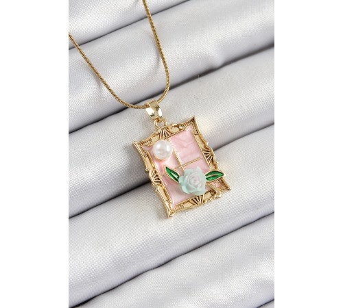 316L Çelik Zincir Pembe Sanatsal Portre İnci Detaylı Gül Figürlü Model Gold Renk Kadın Kolye - TJ-BKO10289