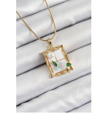 316L Çelik Zincir Beyaz Sanatsal Portre İnci Detaylı Gül Figürlü Model Gold Renk Kadın Kolye - TJ-BKO10290