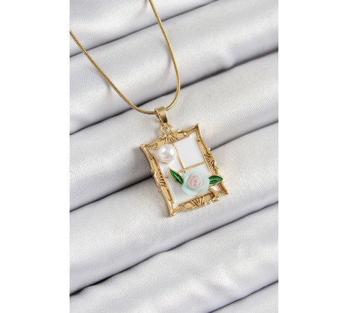 316L Çelik Zincir Beyaz Sanatsal Portre İnci Detaylı Gül Figürlü Model Gold Renk Kadın Kolye - TJ-BKO10290