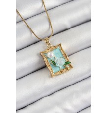 316L Çelik Zincir Turkuaz Sanatsal Portre İnci Detaylı Gül Figürlü Model Gold Renk Kadın Kolye - TJ-BKO10291