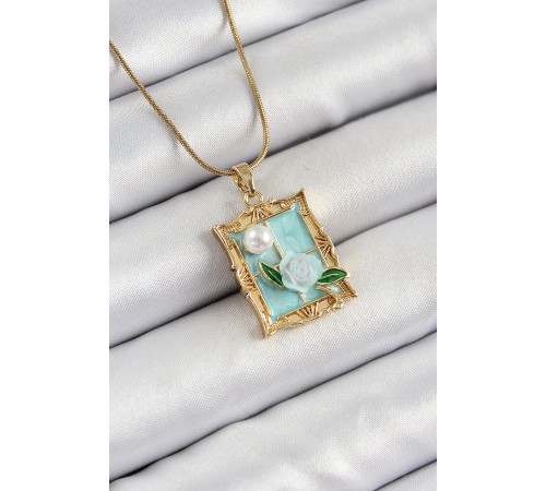 316L Çelik Zincir Turkuaz Sanatsal Portre İnci Detaylı Gül Figürlü Model Gold Renk Kadın Kolye - TJ-BKO10291