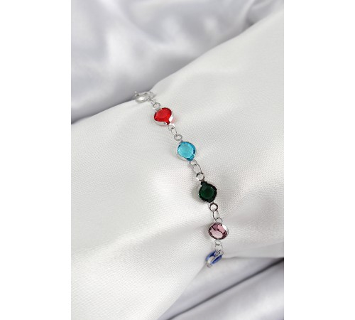 Pirinç Gümüş Renk Karışık Renk Zirkon Taşlı Kadın Bileklik - TJ-BB7046