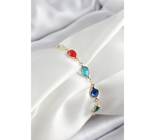 Pirinç Gold Renk Karışık Renk Damla Zirkon Taşlı Kadın Bileklik - TJ-BB7048