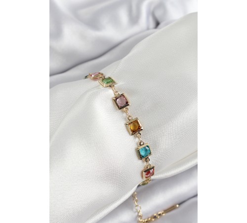 Pirinç Karışık Renk Kare Zirkon Taşlı Gold Renk Kadın Bileklik - TJ-BB7049