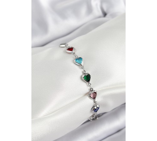 Pirinç Gümüş Renk Karışık Renk Kalp Zirkon Taşlı Kadın Bileklik - TJ-BB7052