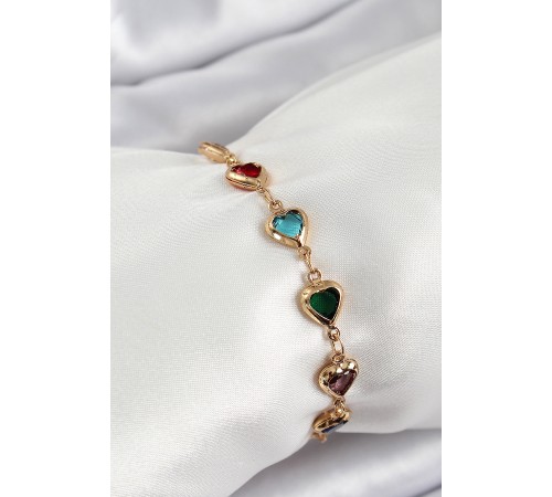 Pirinç Gold Renk Karışık Renk Kalp Zirkon Taşlı Kadın Bileklik - TJ-BB7053