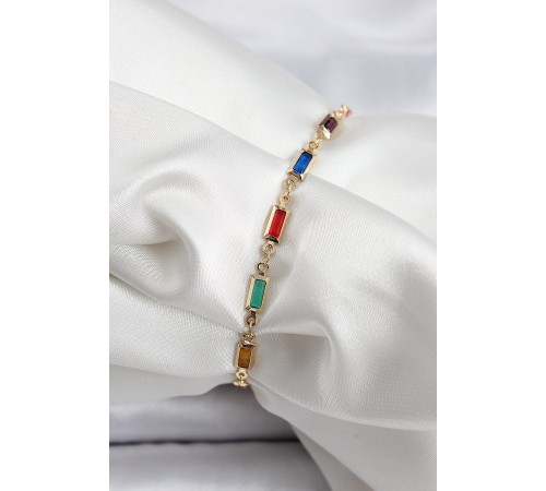 Pirinç Gold Renk Karışık Renkli Kare Zirkon Taşlı Kadın Bileklik - TJ-BB7040