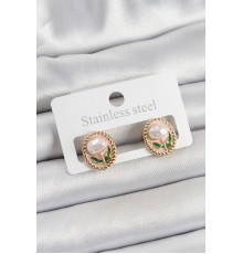 Pirinç Pembe Mineli Lale Figürlü Sanatsal Portre Model Gold Renk Kadın Küpe - TJ-BKP10672