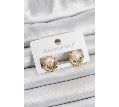 Pirinç Pembe Mineli Lale Figürlü Sanatsal Portre Model Gold Renk Kadın Küpe - TJ-BKP10672